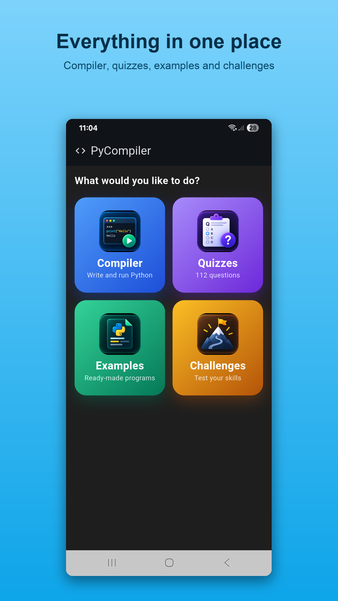 Coding Python home screen with Compiler, Quizzes, Examples and Challenges