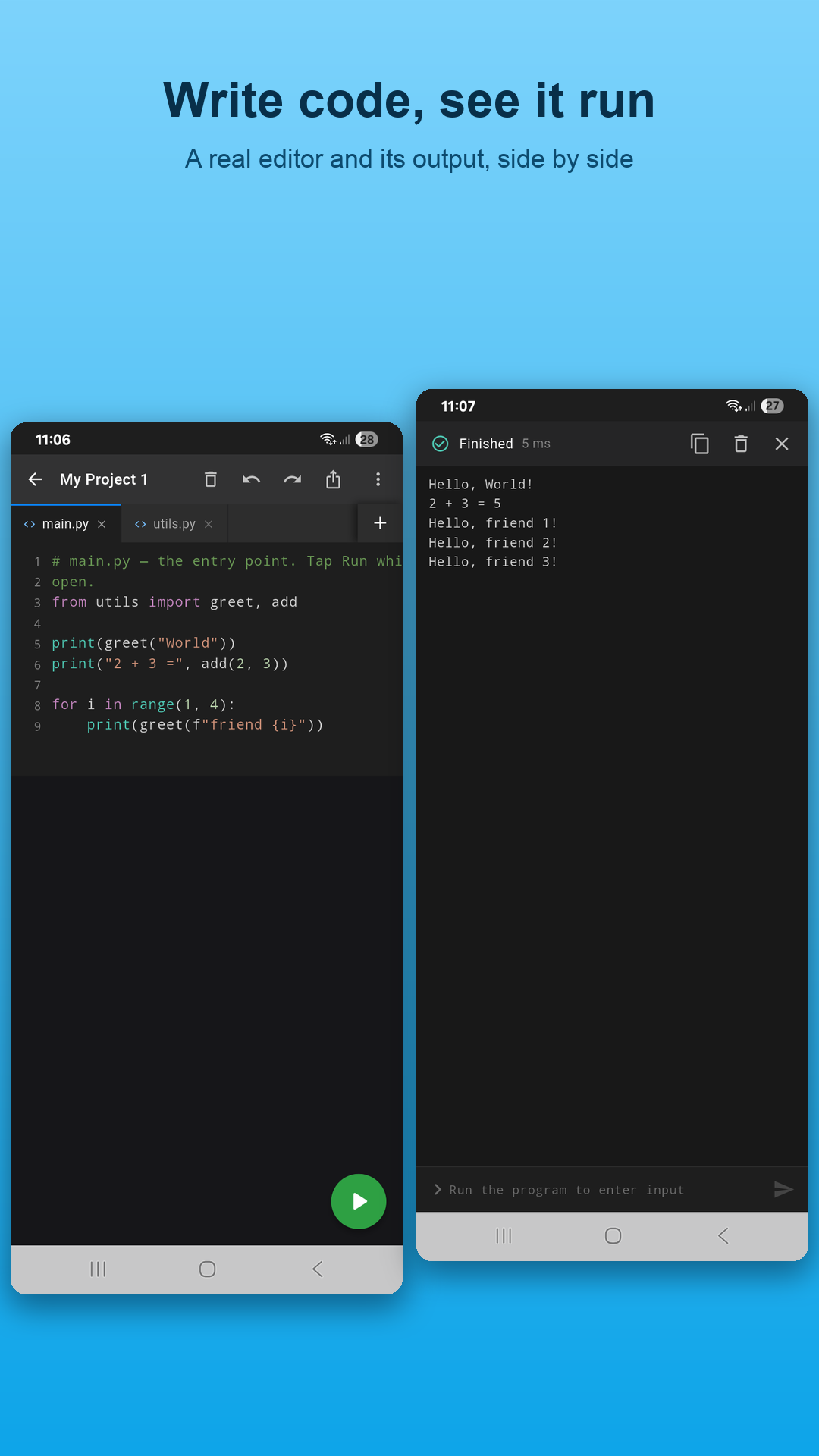 Python code editor and console output on Android