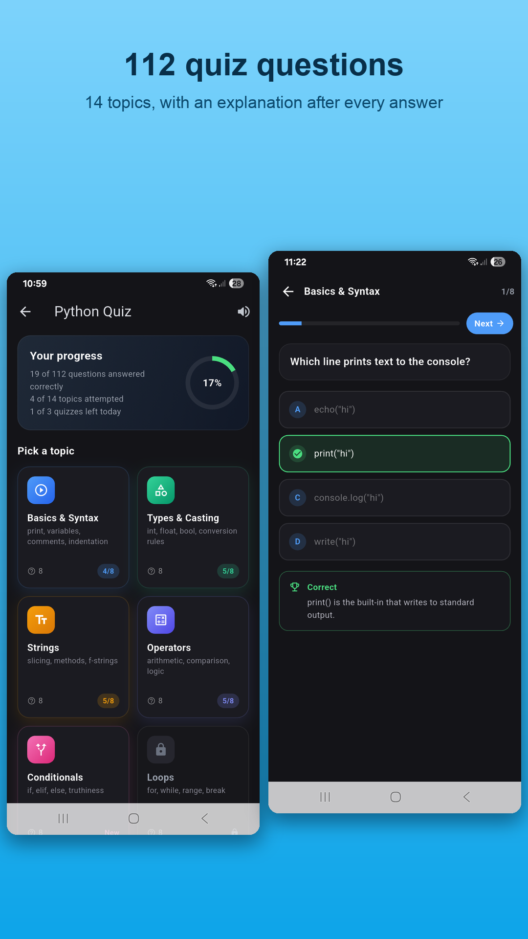 Python quiz with 112 questions
